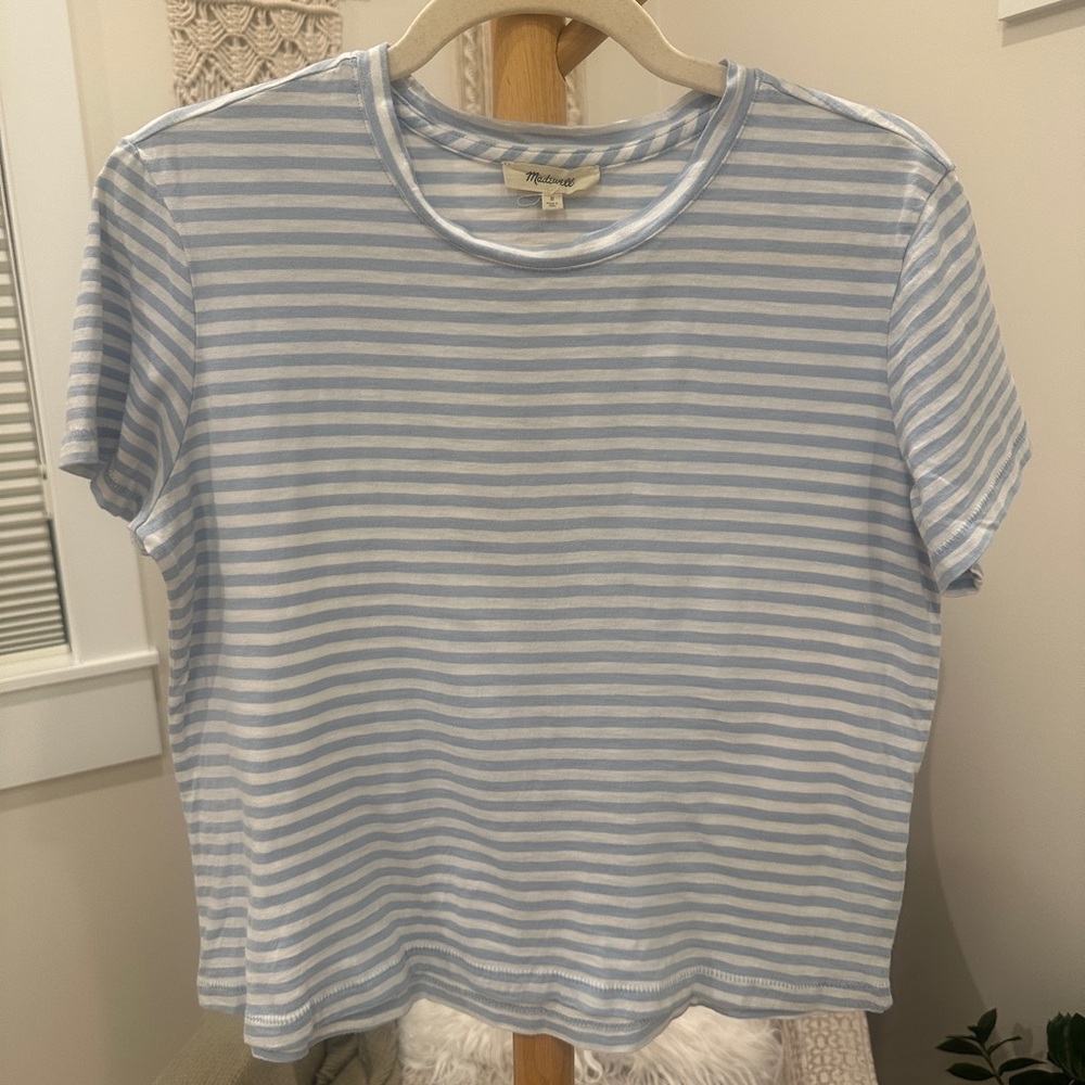 Madewell Light Blue and White Striped Short Sleeve Tee